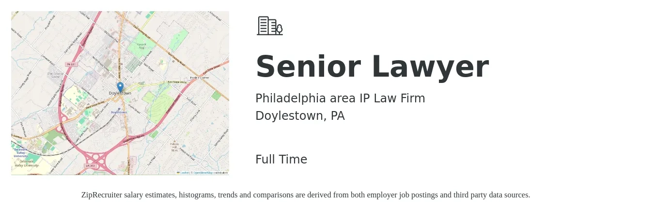 Philadelphia area IP Law Firm job posting for a Senior Lawyer in Doylestown, PA with a salary of $150,000 Yearly with a map of Doylestown location.