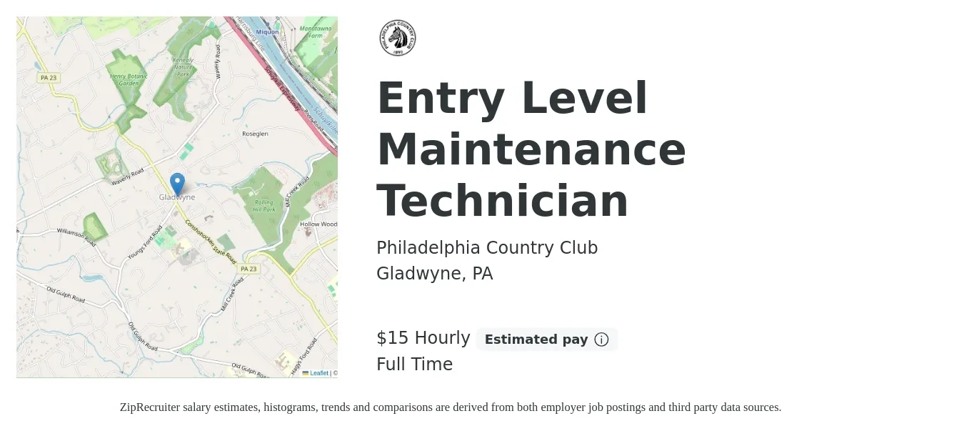 Philadelphia Country Club job posting for a Entry Level Maintenance Technician in Gladwyne, PA with a salary of $18 to $26 Hourly with a map of Gladwyne location.