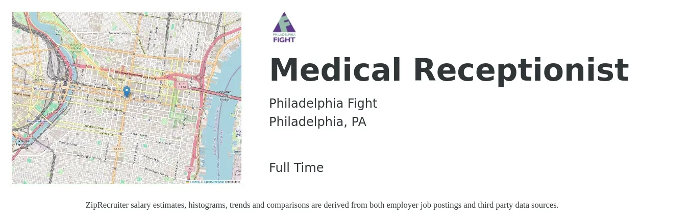 Philadelphia Fight job posting for a Medical Receptionist in Philadelphia, PA with a salary of $16 to $19 Hourly with a map of Philadelphia location.