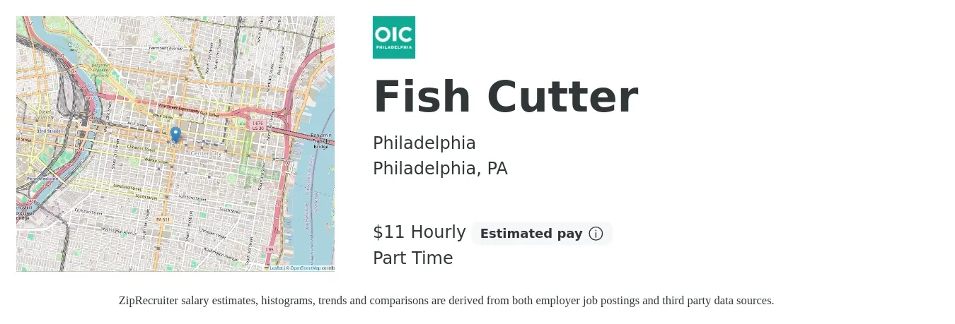 Philadelphia job posting for a Fish Cutter in Philadelphia, PA with a salary of $12 Hourly with a map of Philadelphia location.