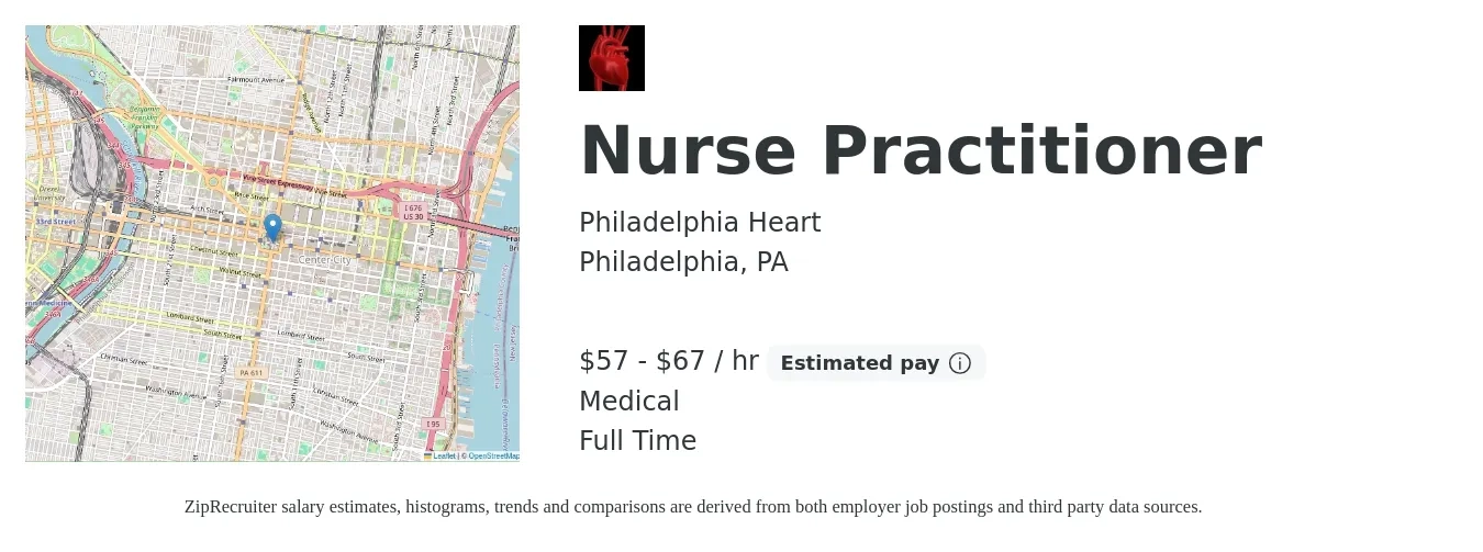 Philadelphia Heart job posting for a Nurse Practitioner in Philadelphia, PA with a salary of $60 to $70 Hourly (plus commission) and benefits including medical with a map of Philadelphia location.