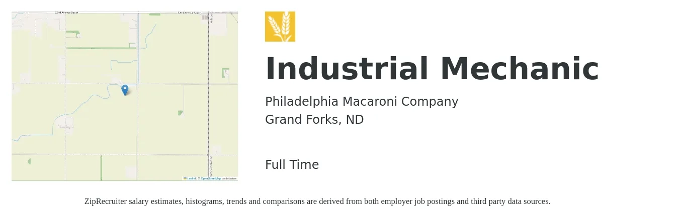 Philadelphia Macaroni Company job posting for a Industrial Mechanic in Grand Forks, ND with a salary of $24 to $32 Hourly with a map of Grand Forks location.