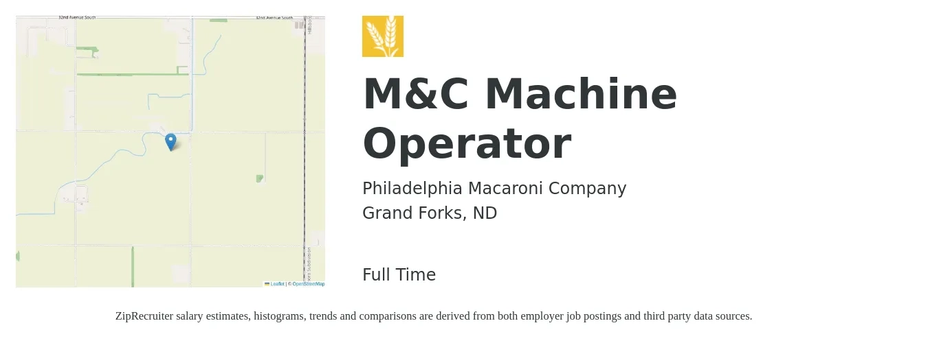 Philadelphia Macaroni Company job posting for a M&C Machine Operator in Grand Forks, ND with a salary of $19 Hourly with a map of Grand Forks location.