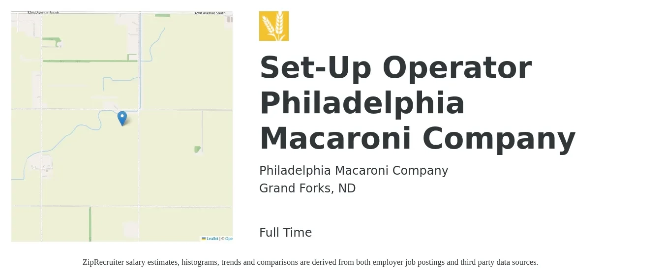 Philadelphia Macaroni Company job posting for a Set-Up Operator Philadelphia Macaroni Company in Grand Forks, ND with a salary of $17 to $23 Hourly with a map of Grand Forks location.