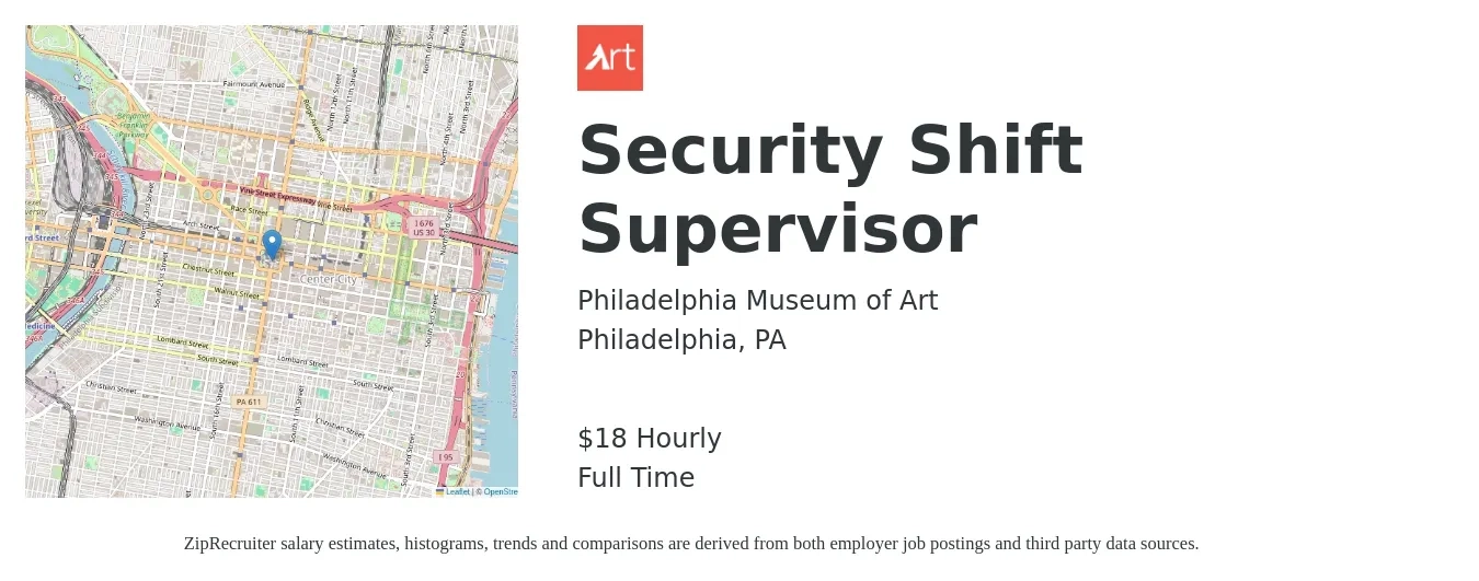 Philadelphia Museum of Art job posting for a Security Shift Supervisor in Philadelphia, PA with a salary of $19 Hourly with a map of Philadelphia location.