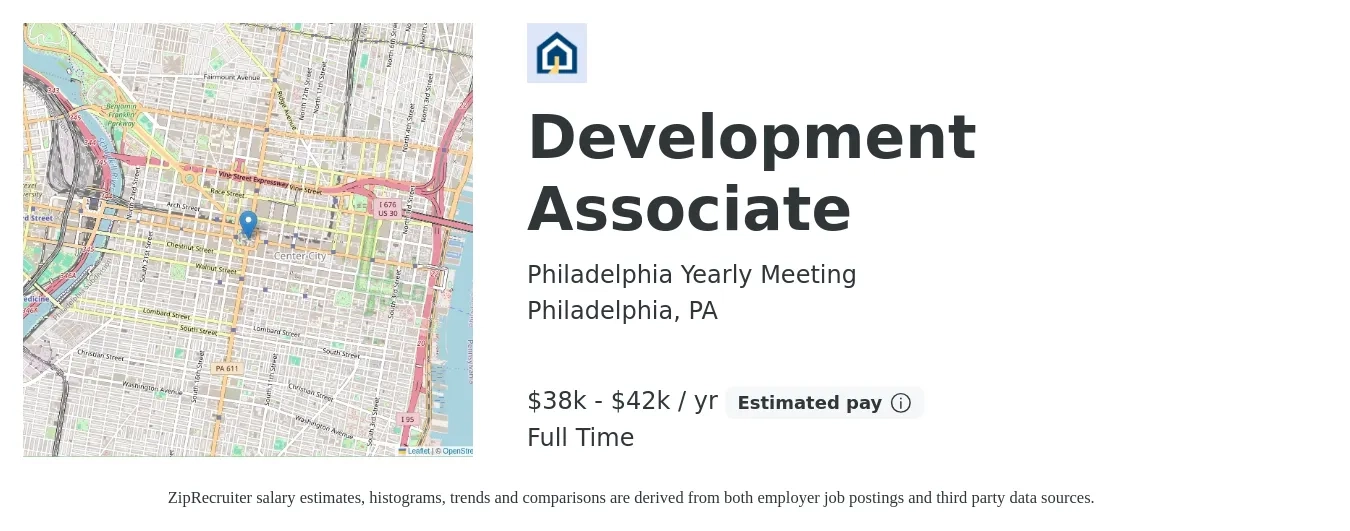 Philadelphia Yearly Meeting job posting for a Development Associate in Philadelphia, PA with a salary of $38,000 to $42,000 Yearly with a map of Philadelphia location.