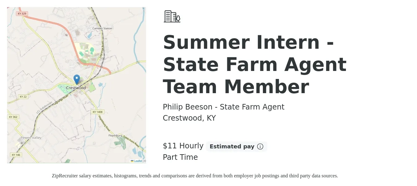 Philip Beeson - State Farm Agent job posting for a Summer Intern - State Farm Agent Team Member in Crestwood, KY with a salary of $12 Hourly with a map of Crestwood location.