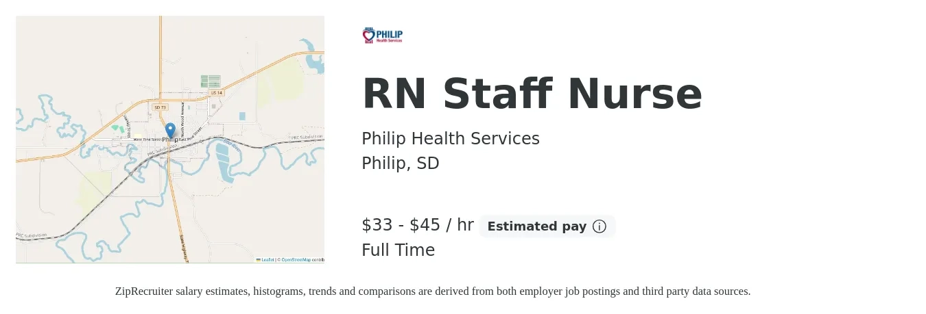 Philip Health Services job posting for a RN Staff Nurse in Philip, SD with a salary of $35 to $47 Hourly with a map of Philip location.