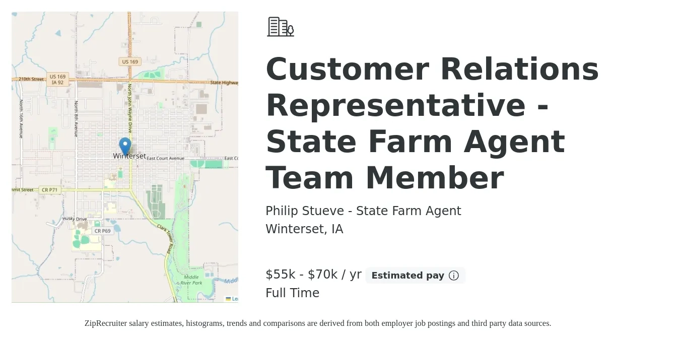 Philip Stueve - State Farm Agent job posting for a Customer Relations Representative - State Farm Agent Team Member in Winterset, IA with a salary of $55,000 to $70,000 Yearly with a map of Winterset location.