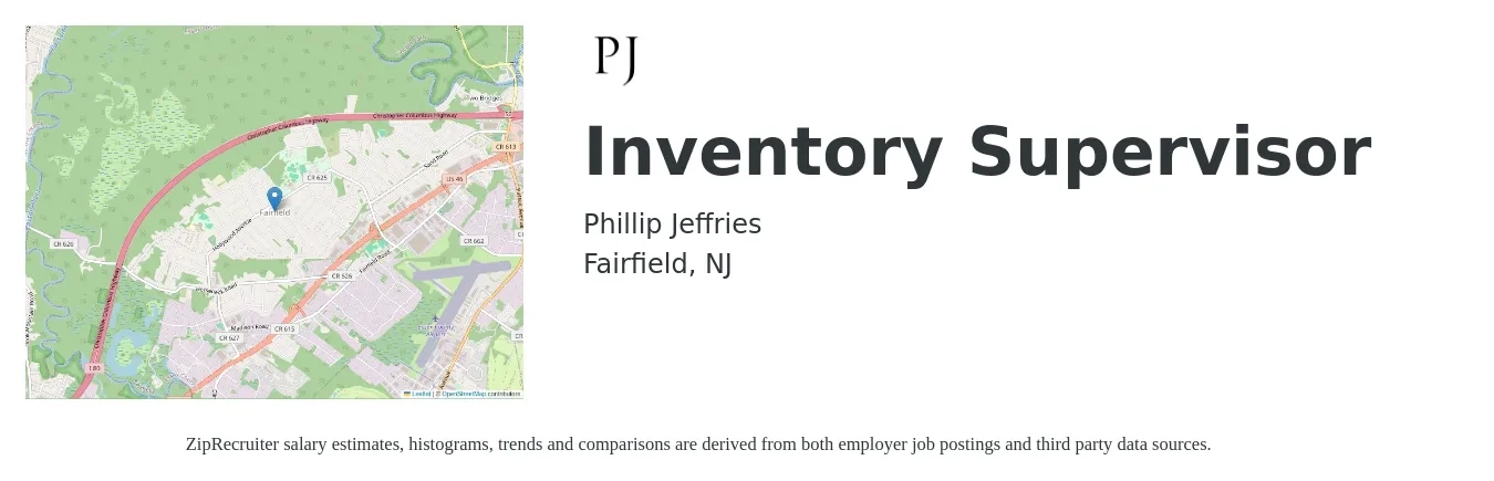 Phillip Jeffries job posting for a Inventory Supervisor in Fairfield, NJ with a salary of $40,800 to $65,200 Yearly with a map of Fairfield location.