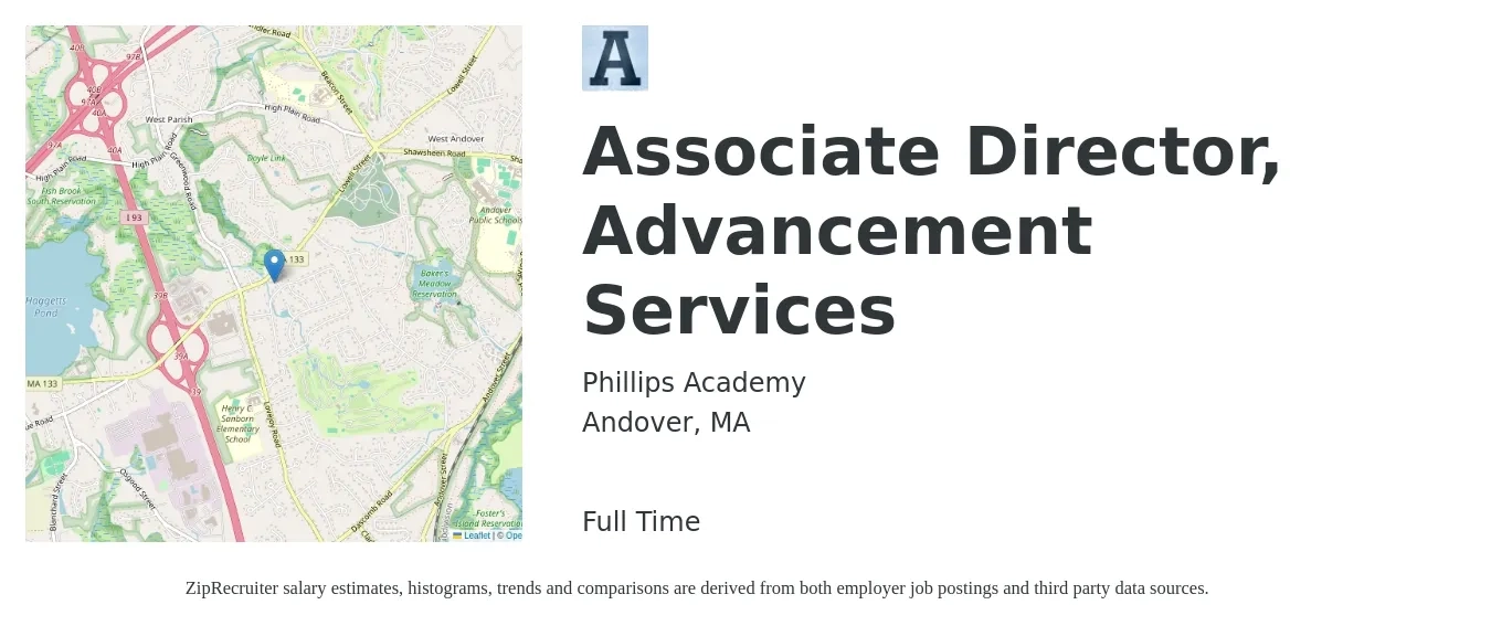 Phillips Academy job posting for a Associate Director, Advancement Services in Andover, MA with a map of Andover location.