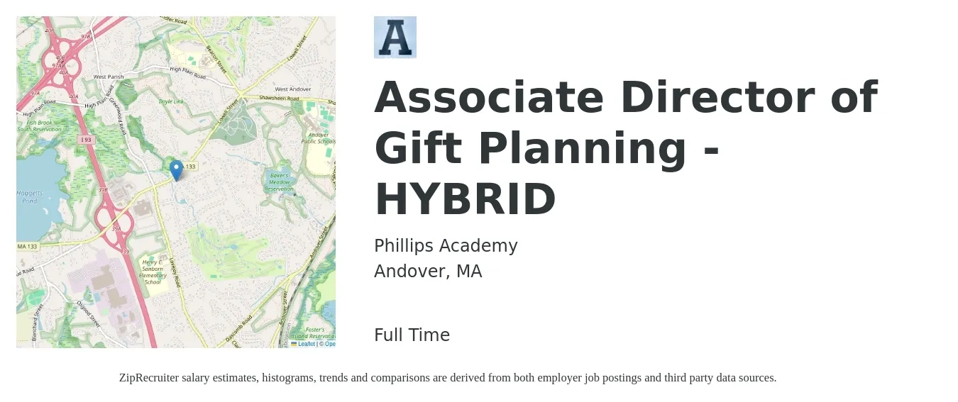 Phillips Academy job posting for a Associate Director of Gift Planning - HYBRID in Andover, MA with a salary of $88,900 to $119,800 Yearly with a map of Andover location.