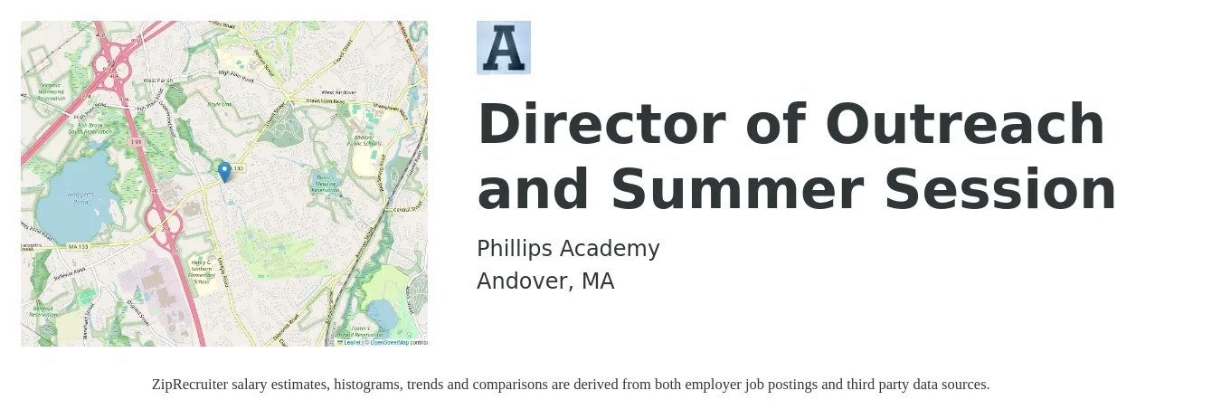 Phillips Academy job posting for a Director of Outreach and Summer Session in Andover, MA with a salary of $67,200 to $100,100 Yearly with a map of Andover location.