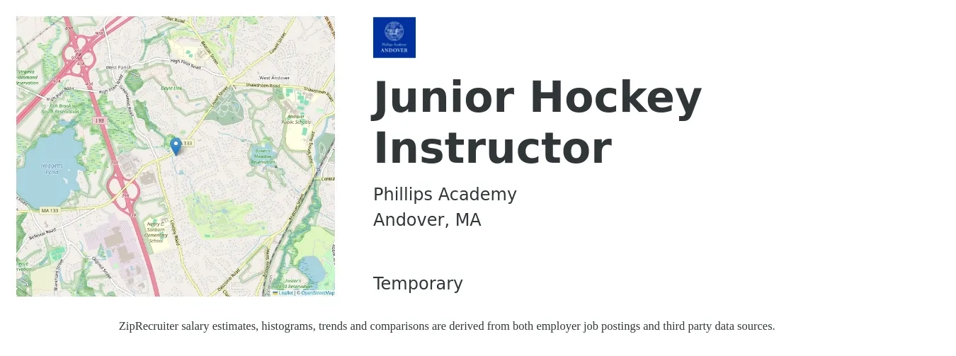 Phillips Academy job posting for a Junior Hockey Instructor in Andover, MA with a salary of $27 to $36 Hourly with a map of Andover location.