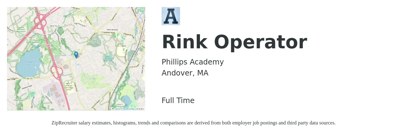 Phillips Academy job posting for a Rink Operator in Andover, MA with a salary of $18 to $28 Hourly with a map of Andover location.