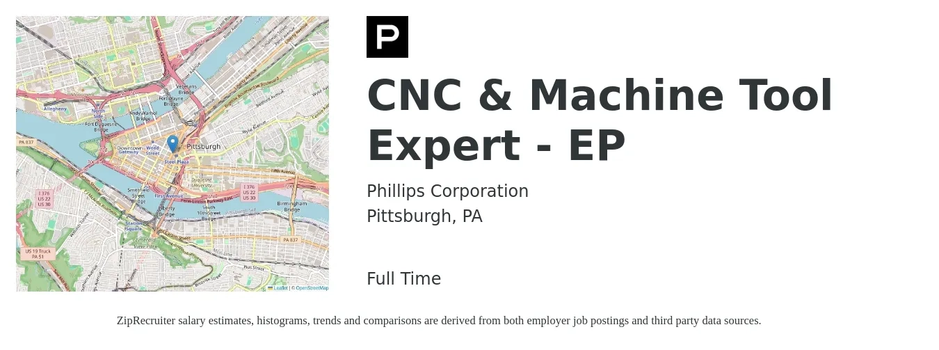 Phillips Corporation job posting for a CNC & Machine Tool Expert - EP in Pittsburgh, PA with a salary of $20 to $27 Hourly with a map of Pittsburgh location.