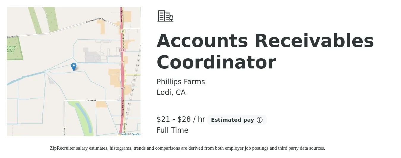 Phillips Farms job posting for a Accounts Receivables Coordinator in Lodi, CA with a salary of $22 to $30 Hourly with a map of Lodi location.