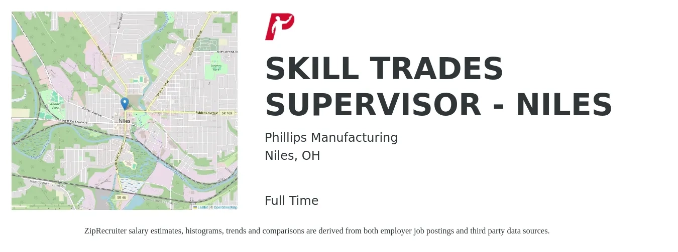 Phillips Manufacturing job posting for a SKILL TRADES SUPERVISOR - NILES in Niles, OH with a salary of $43,500 to $83,100 Yearly with a map of Niles location.