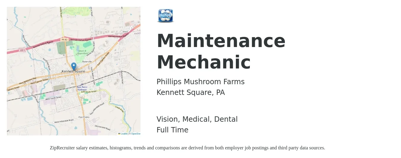 Phillips Mushroom Farms job posting for a Maintenance Mechanic in Kennett Square, PA with a salary of $24 to $31 Hourly and benefits including vision, dental, life_insurance, medical, pto, and retirement with a map of Kennett Square location.