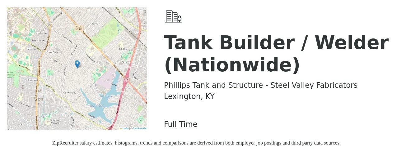 Phillips Tank and Structure - Steel Valley Fabricators job posting for a Tank Builder / Welder (Nationwide) in Lexington, KY with a salary of $29 to $32 Hourly with a map of Lexington location.