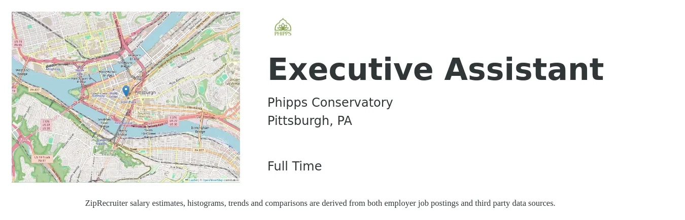 Phipps Conservatory job posting for a Executive Assistant in Pittsburgh, PA with a salary of $48,500 to $72,800 Yearly with a map of Pittsburgh location.