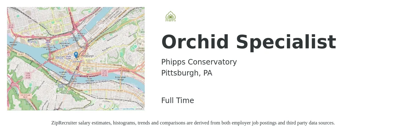 Phipps Conservatory job posting for a Orchid Specialist in Pittsburgh, PA with a map of Pittsburgh location.