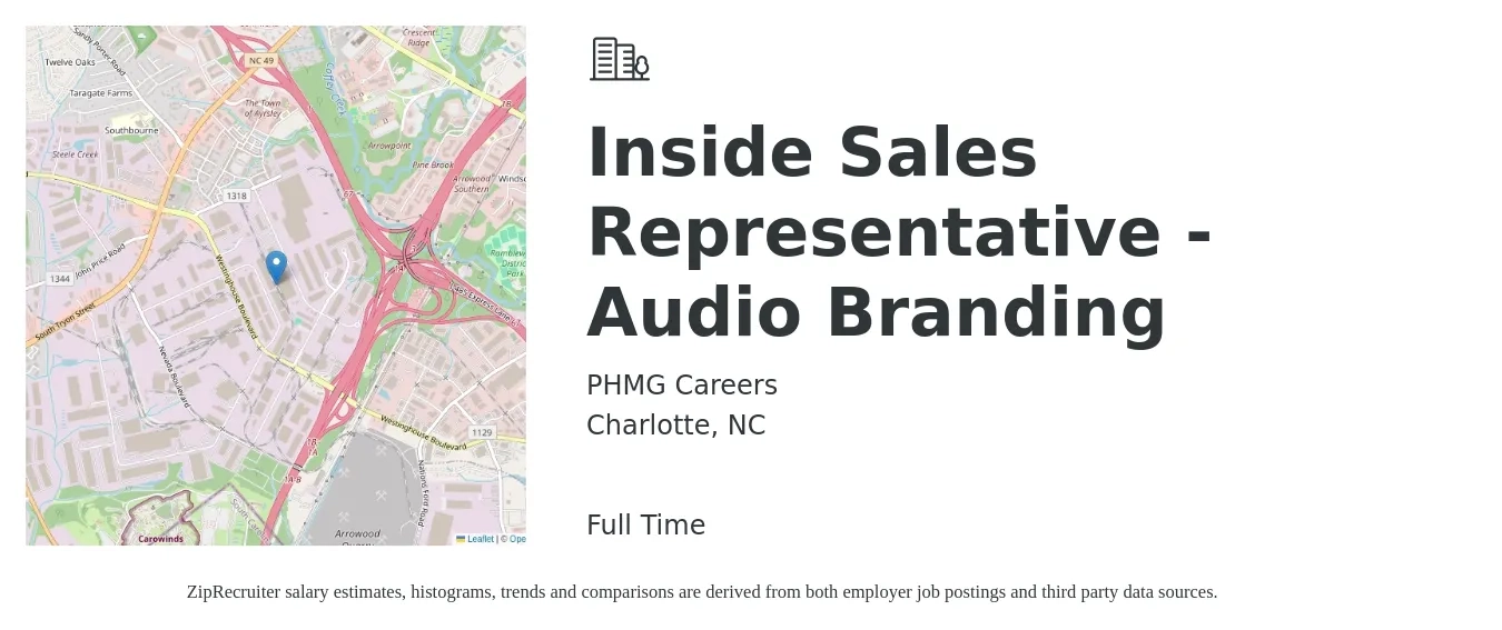 PHMG Careers job posting for a Inside Sales Representative - Audio Branding in Charlotte, NC with a salary of $38,600 to $57,600 Yearly with a map of Charlotte location.