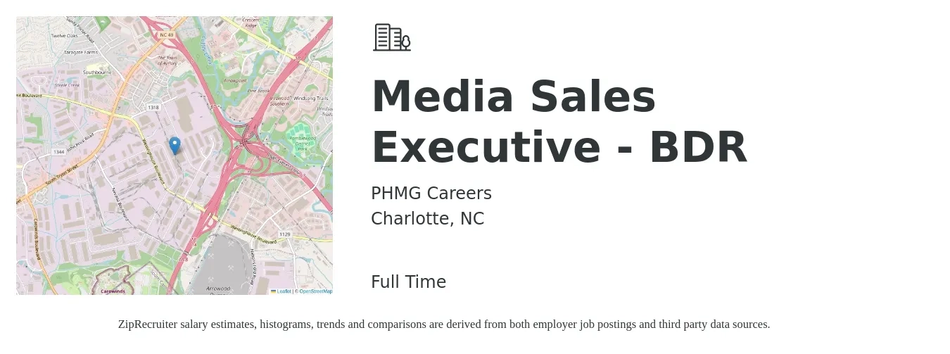 PHMG Careers job posting for a Media Sales Executive - BDR in Charlotte, NC with a salary of $46,900 to $78,100 Yearly with a map of Charlotte location.
