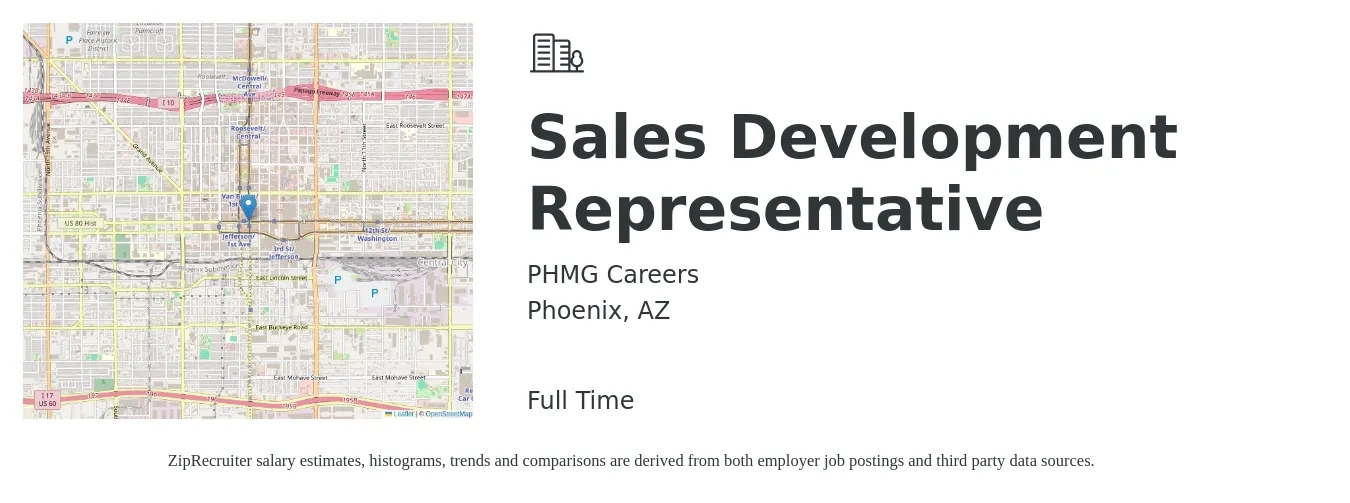 PHMG Careers job posting for a Sales Development Representative in Phoenix, AZ with a salary of $41,700 to $60,600 Yearly with a map of Phoenix location.