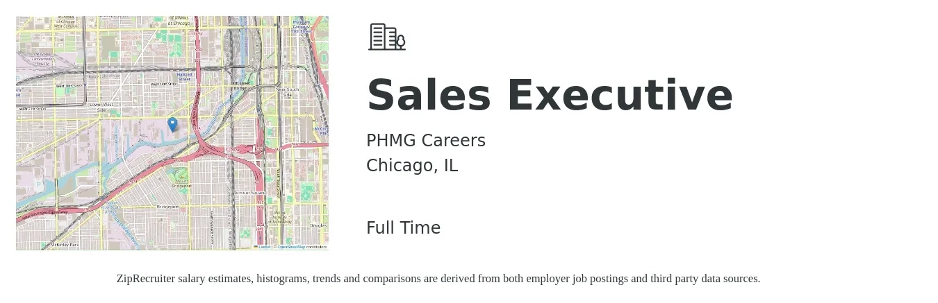 PHMG Careers job posting for a Sales Executive in Chicago, IL with a salary of $58,700 to $101,000 Yearly with a map of Chicago location.