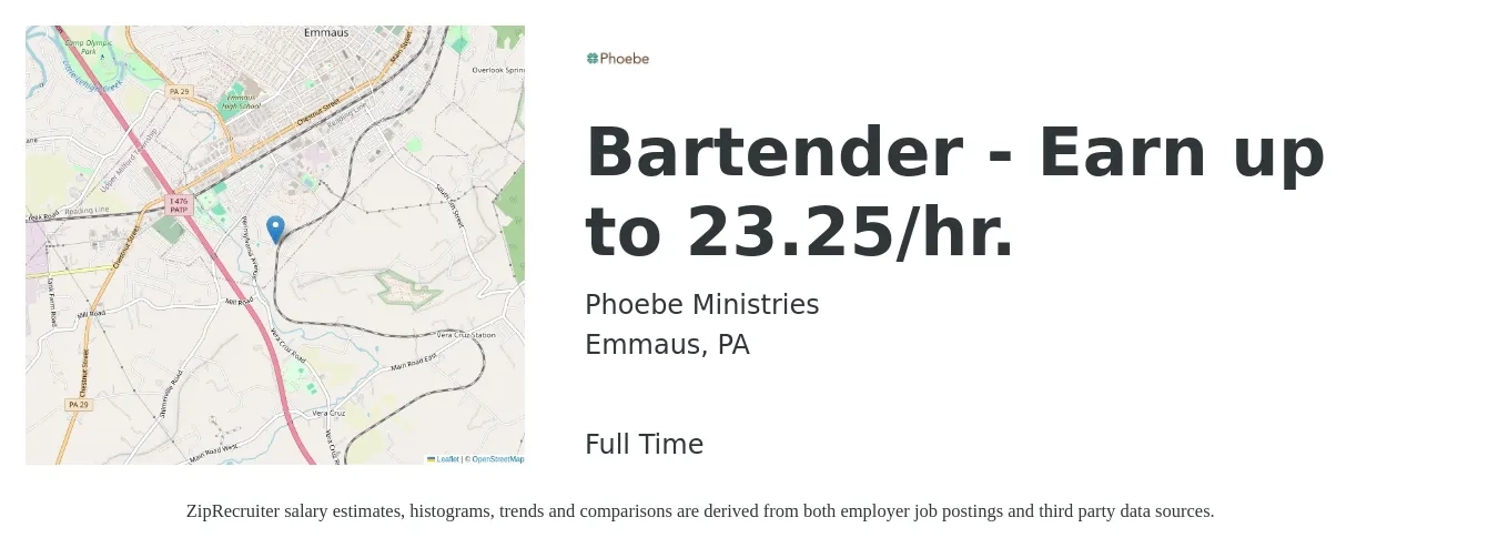Phoebe Ministries job posting for a Bartender - Earn up to 23.25/hr. in Emmaus, PA with a salary of $23 Hourly with a map of Emmaus location.