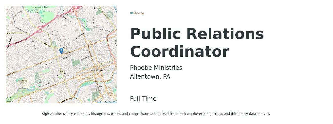 Phoebe Ministries job posting for a Public Relations Coordinator in Allentown, PA with a salary of $39,500 to $58,200 Yearly with a map of Allentown location.
