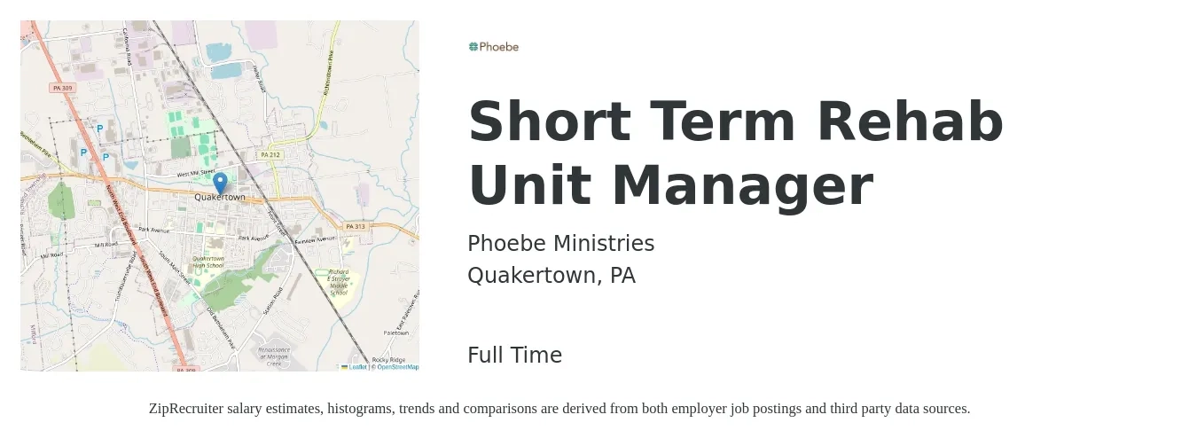 Phoebe Ministries job posting for a Short Term Rehab Unit Manager in Quakertown, PA with a salary of $66,500 to $67,000 Yearly with a map of Quakertown location.