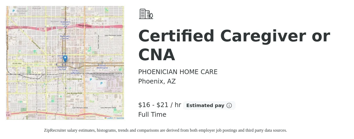 PHOENICIAN HOME CARE job posting for a Certified Caregiver or CNA in Phoenix, AZ with a salary of $17 to $22 Hourly with a map of Phoenix location.