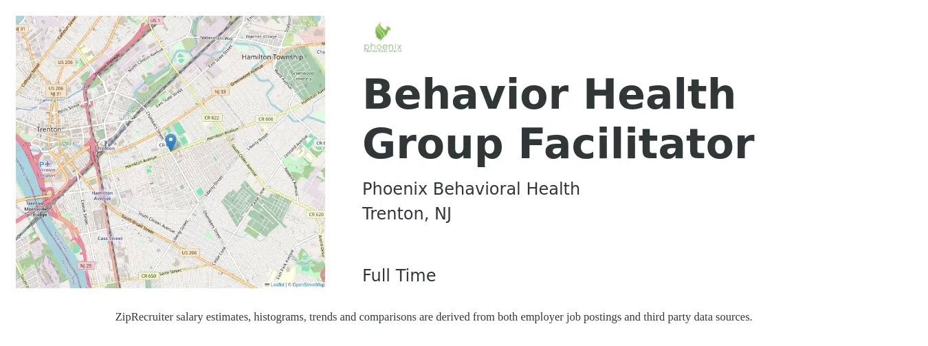 Phoenix Behavioral Health job posting for a Behavior Health Group Facilitator in Trenton, NJ with a salary of $50,000 to $55,000 Yearly with a map of Trenton location.
