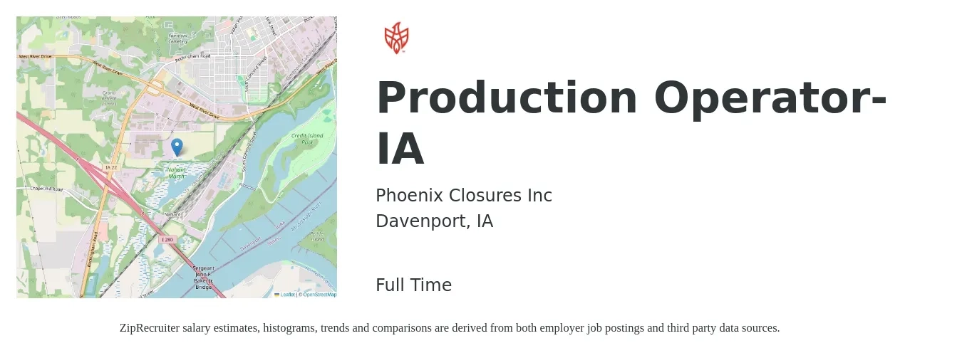 Phoenix Closures Inc job posting for a Production Operator- IA in Davenport, IA with a salary of $14 to $17 Hourly with a map of Davenport location.