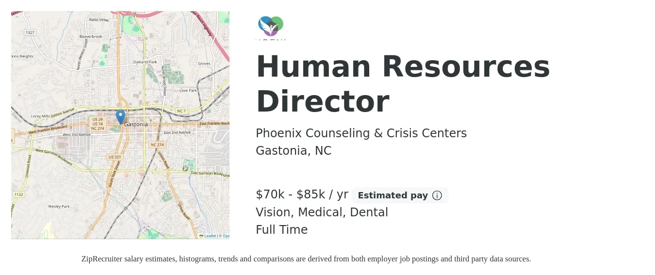 Phoenix Counseling & Crisis Centers job posting for a Human Resources Director in Gastonia, NC with a salary of $70,000 to $85,000 Yearly and benefits including pto, retirement, vision, dental, life_insurance, and medical with a map of Gastonia location.