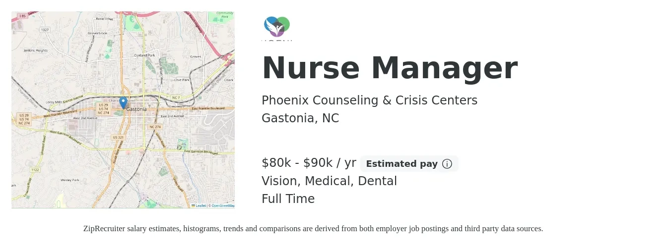 Phoenix Counseling & Crisis Centers job posting for a Nurse Manager in Gastonia, NC with a salary of $80,000 to $90,000 Yearly and benefits including pto, retirement, vision, dental, life_insurance, and medical with a map of Gastonia location.