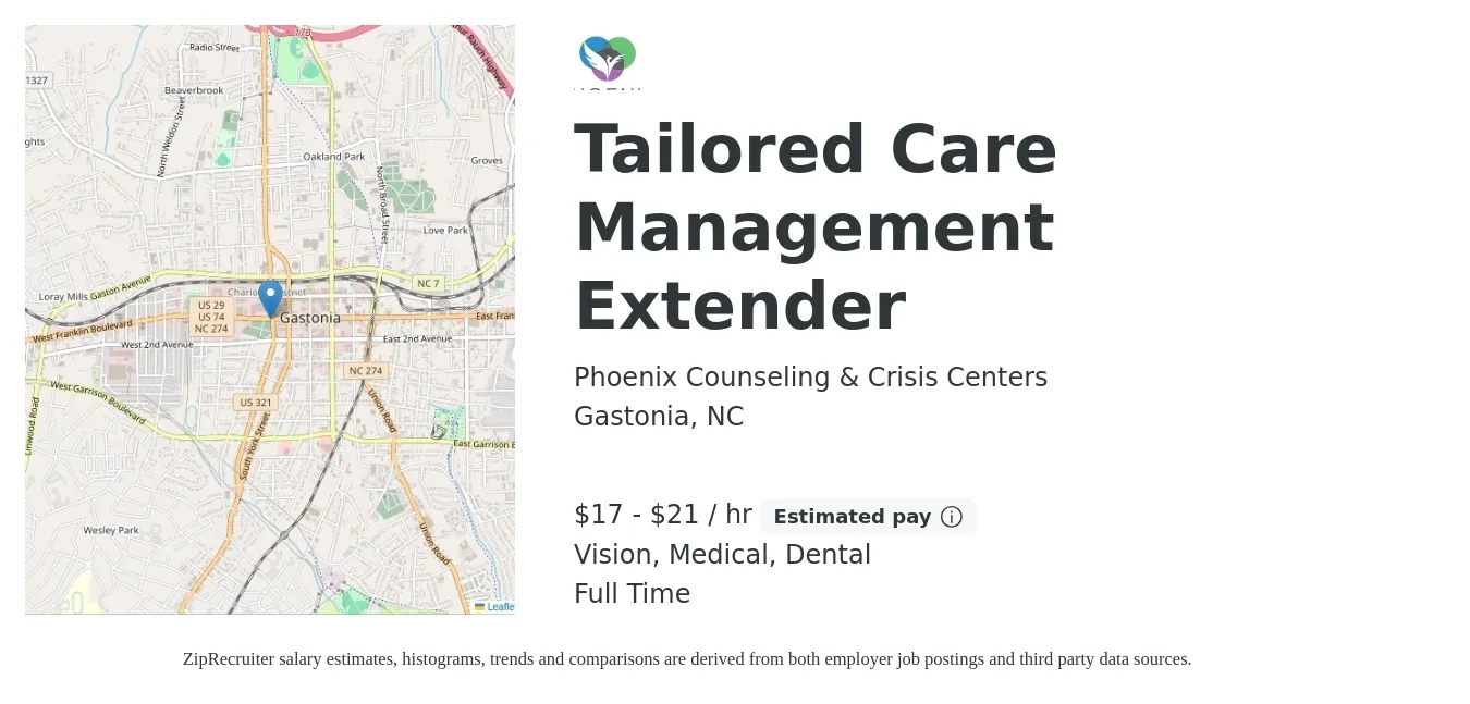 Phoenix Counseling & Crisis Centers job posting for a Tailored Care Management Extender in Gastonia, NC with a salary of $18 to $22 Hourly and benefits including dental, life_insurance, medical, retirement, and vision with a map of Gastonia location.