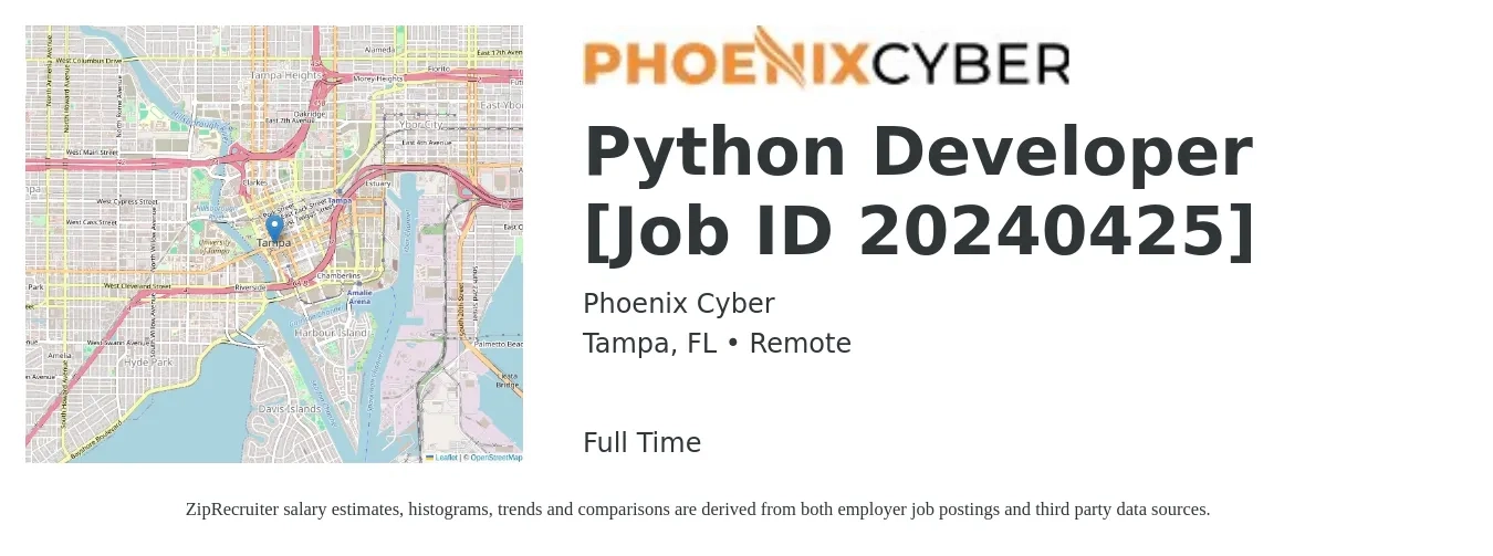 Phoenix Cyber job posting for a Python Developer [Job ID 20240425] in Tampa, FL with a salary of $48 to $66 Hourly with a map of Tampa location.