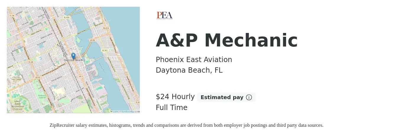 Phoenix East Aviation job posting for a A&P Mechanic in Daytona Beach, FL with a salary of $25 Hourly with a map of Daytona Beach location.