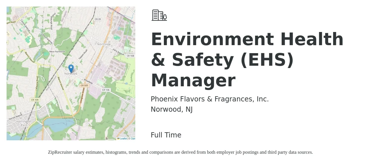 Phoenix Flavors & Fragrances, Inc. job posting for a Environment Health & Safety (EHS) Manager in Norwood, NJ with a salary of $84,600 to $114,600 Yearly with a map of Norwood location.
