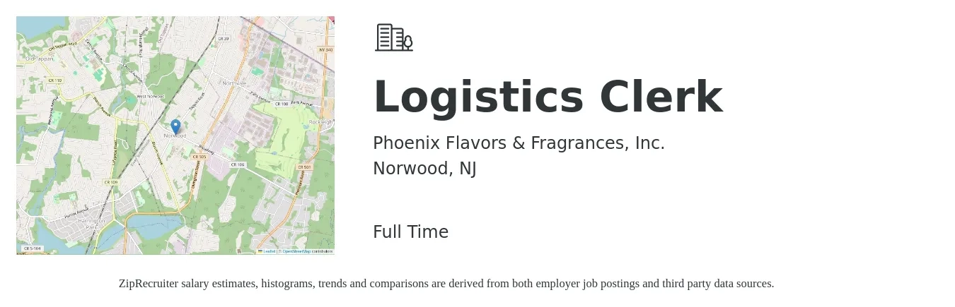 Phoenix Flavors & Fragrances, Inc. job posting for a Logistics Clerk in Norwood, NJ with a salary of $18 to $21 Hourly with a map of Norwood location.