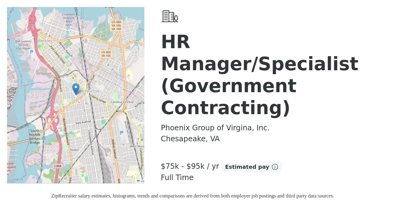 Phoenix Group of Virgina, Inc. job posting for a HR Manager/Specialist (Government Contracting) in Chesapeake, VA with a salary of $75,000 to $95,000 Yearly with a map of Chesapeake location.
