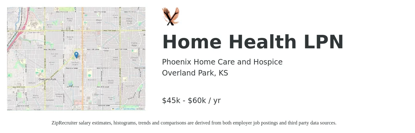 Phoenix Home Care and Hospice job posting for a Home Health LPN in Overland Park, KS with a salary of $45,000 to $60,000 Yearly with a map of Overland Park location.