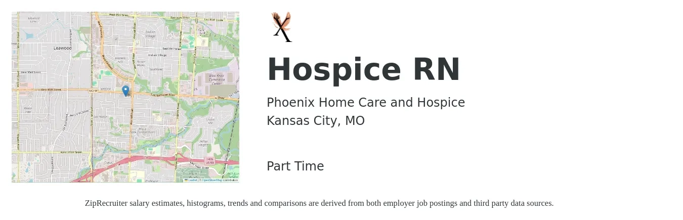 Phoenix Home Care and Hospice job posting for a Hospice RN in Kansas City, MO with a salary of $1,520 to $2,220 Weekly with a map of Kansas City location.