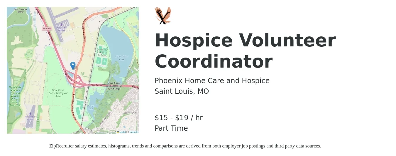 Phoenix Home Care and Hospice job posting for a Hospice Volunteer Coordinator in Saint Louis, MO with a salary of $16 to $20 Hourly with a map of Saint Louis location.