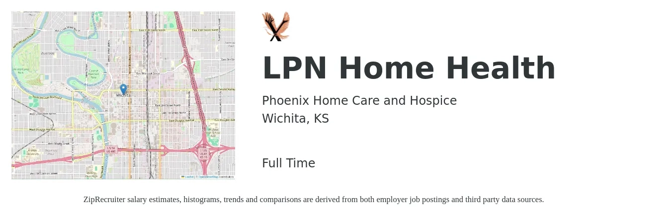 Phoenix Home Care and Hospice job posting for a LPN Home Health in Wichita, KS with a salary of $23 to $31 Hourly with a map of Wichita location.