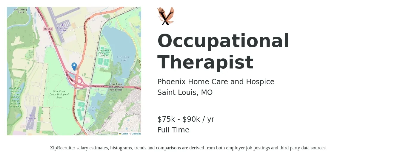 Phoenix Home Care and Hospice job posting for a Occupational Therapist in Saint Louis, MO with a salary of $39 to $52 Hourly with a map of Saint Louis location.