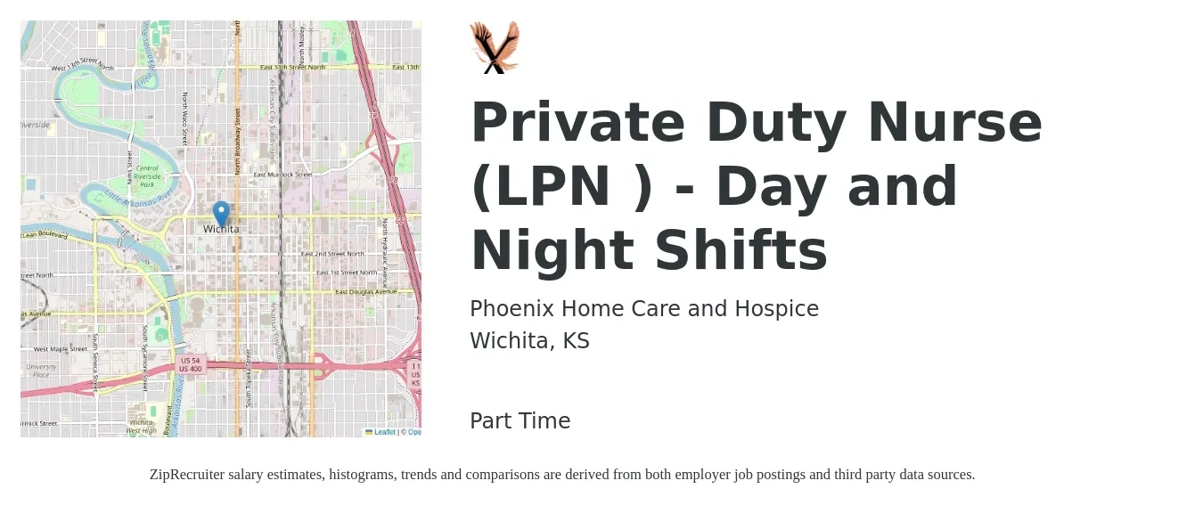 Phoenix Home Care and Hospice job posting for a Private Duty Nurse (LPN ) - Day and Night Shifts in Wichita, KS with a salary of $22 to $30 Hourly with a map of Wichita location.